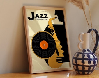 May include: A framed poster with a gold saxophone and a black vinyl record with an orange center. The poster has the text "Jazz Live Music Festival" in black.