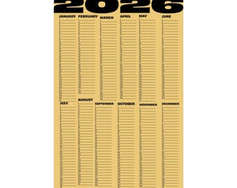Roczny kalendarz na rok 2026. Plakat z planerem miesięcznym, sztuka kalendarza ściennego, pionowy organizer dat, minimalistyczny plakat roczny, wystrój biura