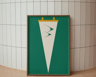 May include: A framed vertical wall art print featuring a cream-coloured pennant shape centred on a solid dark green background. The pennant has a mustard yellow top bar and displays two stylised dark green mountain peaks in the centre.