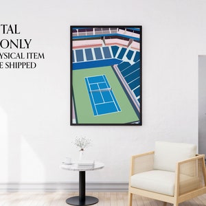 K&ouml;nnte beinhalten: Eine digitale Illustration eines Tennisplatzes mit blauen Sitzen und einem gr&uuml;nen Platz. Der Platz ist in einem schwarzen Rahmen gerahmt.