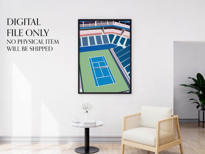 K&ouml;nnte beinhalten: Eine digitale Illustration eines Tennisplatzes mit blauen Sitzen und einem gr&uuml;nen Platz. Der Platz ist in einem schwarzen Rahmen gerahmt.