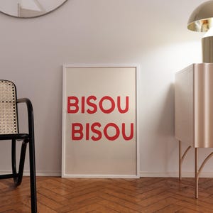 French Artwork Kiss Bisou Poster Print Typographic Print Trendy Red Girly Wall Art, Bedroom Dorm Room Aesthetic Handwritten Quote