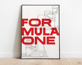 Op de afbeelding: Een zwart-witte lijntekening van een Formule 1-raceauto met de tekst "FOR MULA ONE" in rode letters.