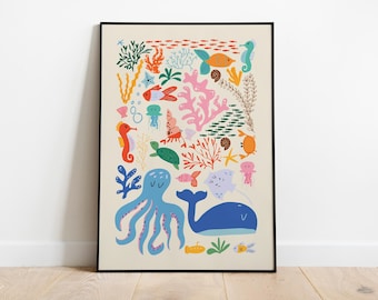 Colorful Marine Print Underwater Nursery Minimalist Wall Art Cute Seaside Print for Kids Room Rainbow Artwork