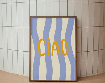 Ciao Print | Włoski letni nadruk | Pastelowy błękit | Modny przedpokój | Plakat „Noc makaronu” | Typografia retro
