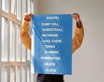 May include: A rectangular blue poster featuring white text arranged in a vertical list of directional signs. The text reads: CHAPEL, CAMP HILL, BASKETBALL, SHOWERS, LAKE CABIN, TENNIS, BONFIRE, BUNKHOUSE, BEACH, and BOATS, each enclosed in a white outline.