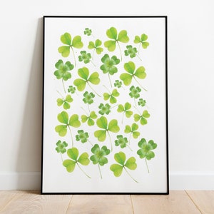 Watercolour Clover Print, St Patrick&#39;s Day Print, Green Aesthetic, Downloadable Art, Green Art, Modern Print, Trendy Wall Art, Green Decor