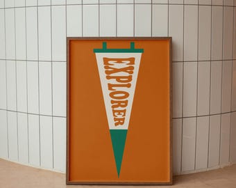 May include: A rectangular framed print featuring a vertical white pennant centred on a solid orange background. The pennant has dark green horizontal bars at the top and a dark green triangular tip. The word EXPLORER is printed in orange.