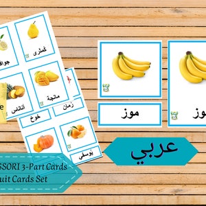 montessori 3-part cards 24 arabic fruit card set, flash cards, memory game, preschool, homeschooling, البطاقات الثلاثية منتسوري الفواكة عربي