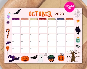Calendario octubre 2023, Calendario editable, Tema de Halloween
