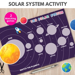 Puede incluir: Una actividad de sistema solar imprimible con dos juegos de coincidencia. La actividad presenta una ilustración colorida de los planetas y el sol. El texto "THE SOLAR SYSTEM" está en la parte superior de la página. El texto "MATCH THE PLANETS" está en la parte inferior de la página.