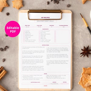 Recipe card template, editable pdf