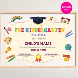 Diploma de Pre-Kindergarten, Graduación de Pre-Kindergarten, Pdf editable