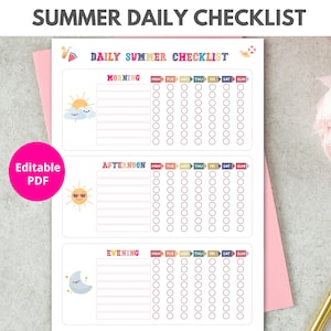 Summer Daily checklist for kids | Editable pdf