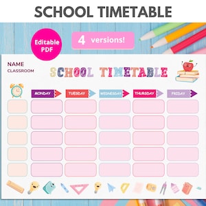 Pode incluir: Um horário escolar imprimível com fundo rosa e ilustrações coloridas de materiais escolares. O horário é dividido em cinco colunas para cada dia da semana: segunda-feira, terça-feira, quarta-feira, quinta-feira e sexta-feira. Há oito linhas para cada dia para preencher a programação.