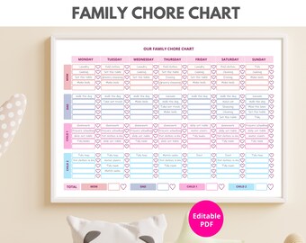 Family chore chart, editable pdf, printable pdf