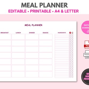 Printable Meal Planner | Editable Pdf - Etsy