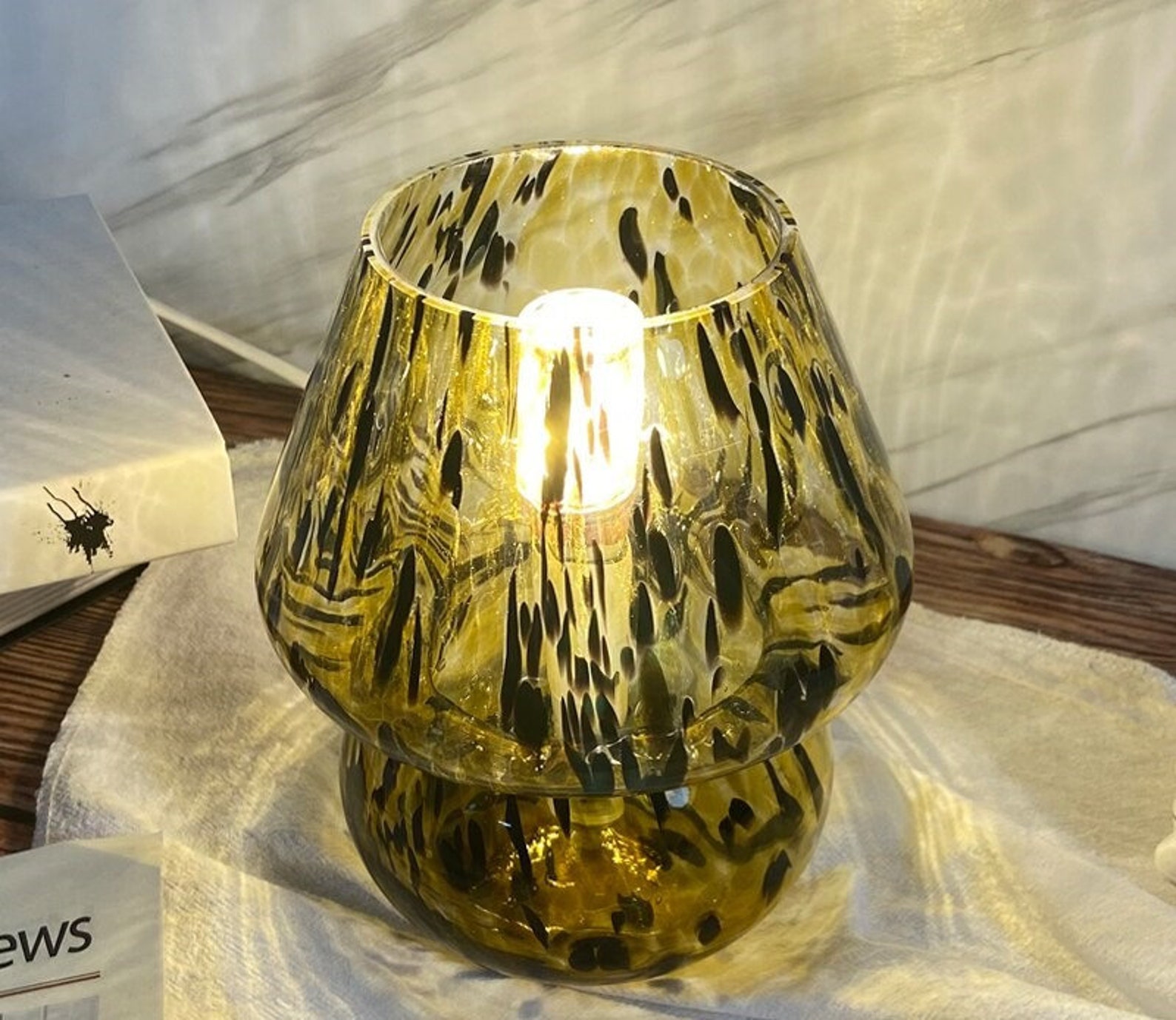 Stained Glass Mushroom Table Lamp Swirl Murano Style, Retro, Vintage