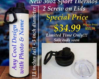 Super 30oz Sports Thermos with 2 Lids.  Sports Lid and Clear Lid/Straw.  Designed Only for the Best.