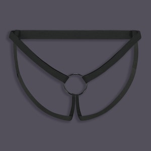 Peut inclure: Harnais noir avec un anneau métallique au centre. Le harnais est fait d'un matériau souple et flexible et a un design simple et minimaliste.