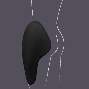 May include: Abstract digital artwork. A black, teardrop-shaped form with a thin white line extending from its top. A white outline suggests a human form on a dark grey background. The image is minimalist and modern.