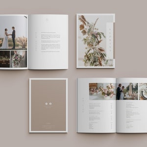 May include: A wedding brochure with images of a couple, floral arrangements, and a wedding reception table setting. The brochure includes a price list for floral arrangements and other wedding services.
