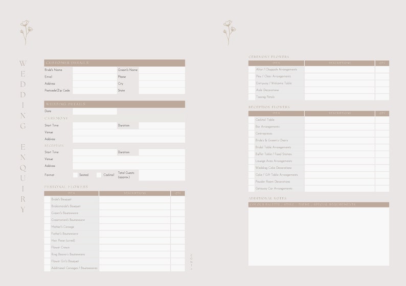 May include: A printable wedding planning checklist with sections for ceremony details, wedding details, personal flowers, ceremony flowers, reception flowers, and additional notes.