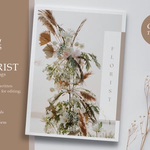 May include: A 12-page Canva template for florists, featuring a floral arrangement with white flowers, dried grasses, and pampas grass. The template includes sections for "Our Story", "Packages", "Testimonials", "Pricing", and an "Enquiry Form".