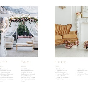 May include: Three wedding packages are shown with different prices and descriptions. Package one includes a white archway with white curtains, a white armchair, and a white bench. Package two includes a white archway with white curtains, a white armchair, and a white bench. Package three includes a gold sofa, a white fireplace, and a white table with flowers.