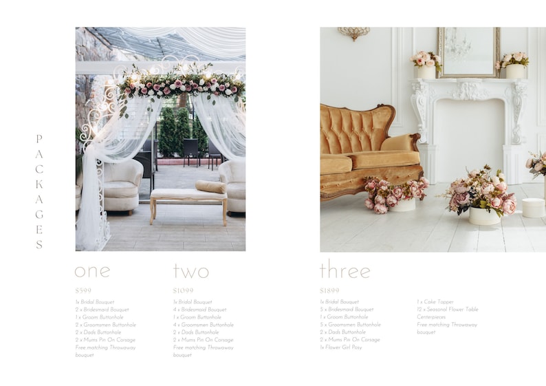 May include: Three wedding packages are shown with different prices and descriptions. Package one includes a white archway with white curtains, a white armchair, and a white bench. Package two includes a white archway with white curtains, a white armchair, and a white bench. Package three includes a gold sofa, a white fireplace, and a white table with flowers.
