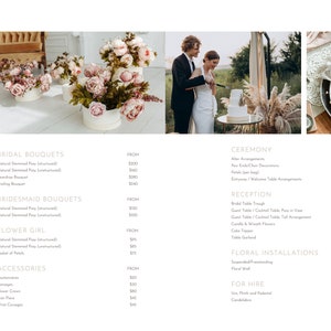 May include: A pricing guide for wedding floral arrangements and decor. The guide lists prices for bridal bouquets, bridesmaid bouquets, flower girl arrangements, accessories, ceremony decor, reception decor, floral installations, and items for hire. The prices are listed in US dollars.