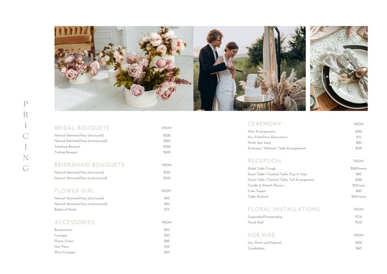 May include: A pricing guide for wedding floral arrangements and decor. The guide lists prices for bridal bouquets, bridesmaid bouquets, flower girl arrangements, accessories, ceremony decor, reception decor, floral installations, and items for hire. The prices are listed in US dollars.