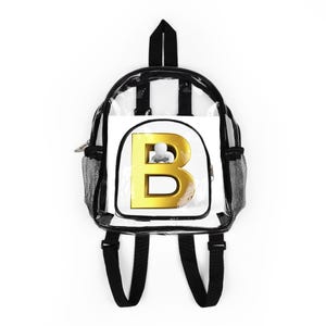 Mochila transparente con monograma de la letra B dorada | Mochila escolar transparente