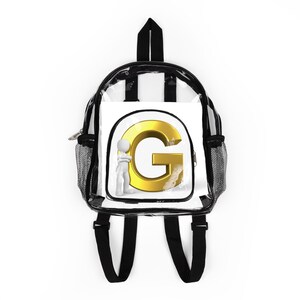 Mochila transparente con monograma de la letra G dorada | Mochila escolar transparente