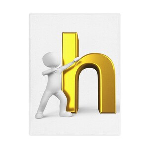 Op de afbeelding: Een witte 3D-figuur poseert naast een grote, gouden letter "h". De figuur staat in een dab-pose, met één arm uitgestrekt naar de letter. De letter heeft een glanzende, gouden kleur en de achtergrond is wit.