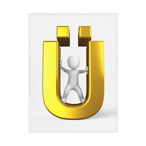 Op de afbeelding: Een gouden letter "Ü" met twee vierkante accenten aan de bovenkant en een klein wit figuur erin. De letter en accenten hebben een metallic glans, tegen een witte achtergrond.