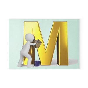 Gold Letter M with Cleaner Illustration Glass Cutting Board | Monogram Kitchen Decor