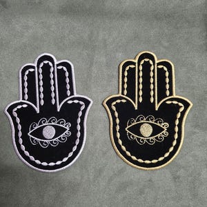 Pack 2 Parches Hamsa Mano de Fátima | Bordado en hilo metálico oro y plata | Parche termoadhesivo grande 15×12 cm
