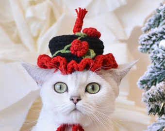 Feline Festivities: Elegant Red and Black Christmas Pet Hat for Purr-fect Celebrations!