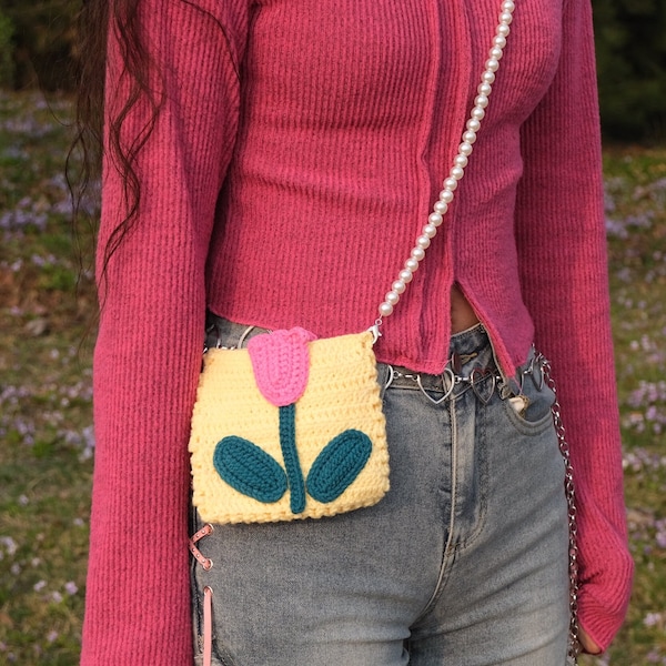 Adorable Crochet Crossbody Bag with Pearl Chain  - Embrace Elegance and Versatility!| Birthday Gifts for Her | Unique Gifts for Best Friend