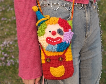 Handgemaakte gehaakte clown mobiele telefoon tas, portemonnee, crossbody tassen, | Verjaardagscadeaus voor haar | Unieke cadeaus voor beste vriend | Huwelijksgeschenken