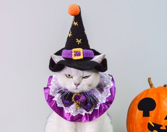 Enchanting Halloween Pet Costume Set - Witch Hat and Purple Queen Collar