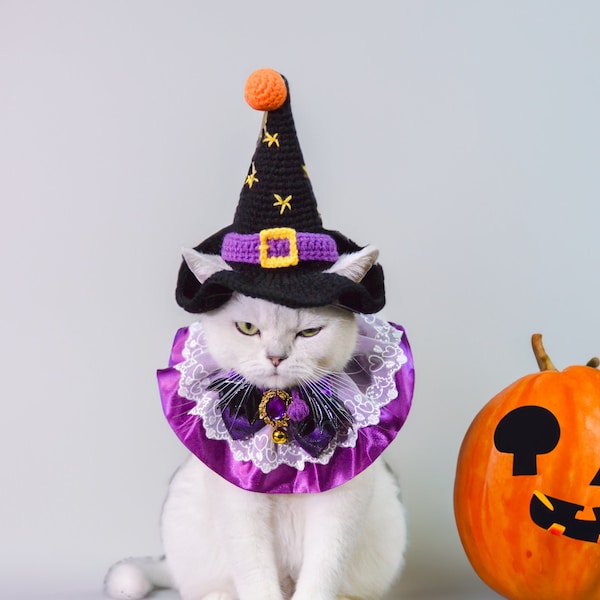 Enchanting Christmas Pet Costume Set - Witch Hat and Purple Queen Collar