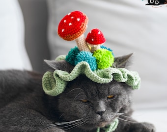 Crochet mushroom hat for Cat or small dog, Adorable Green Pet Hat with Red Mushrooms for Cats and Small Dogs