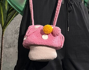 crochet pink mushroom bag,Handmade mushroom Bag, Knitted mushroom Bag, crochet purse crossbody bags finished product, gifts for her