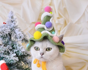Christmas Tree Pet Hat - Magical Holiday Wear for Pets!|Crochet Christmas cat hat | Holiday cat collar  | Festive cat outfit | Cute cat hat