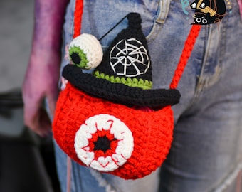 crochet Halloween crossbody bag, crochet magic witch bag, crochet eyeball bag, crochet red bag, crochet magic bag