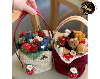 Handmade Crochet Picnic Bag - Adorable Hamburger & Strawberry Design, Eco-Friendly Storage Box, Perfect for Summer Fun!