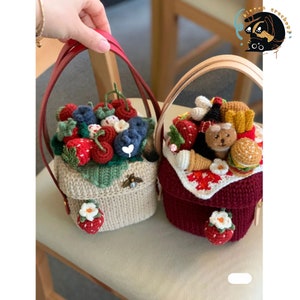 Handmade Crochet Picnic Bag - Adorable Hamburger & Strawberry Design, Eco-Friendly Storage Box, Perfect for Summer Fun!