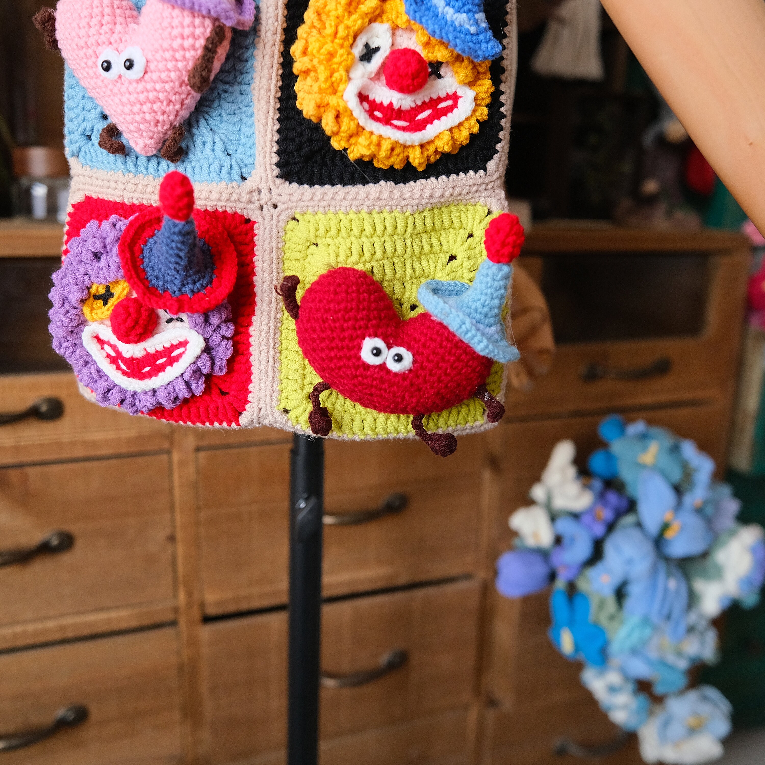 Vibrant Clown Quartet Crossbody Bag: Carry the Carnival with You!Valentine's Day Heart Edition|Crochet accessory bag|Handcrafted crochet bag